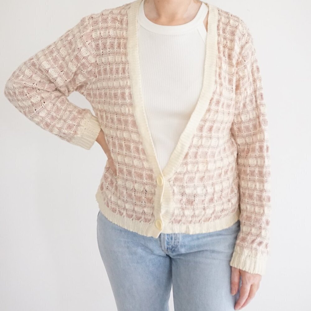 VTG Knitmakers Pink Cream Textured Knit Button Cardigan Cabincore Cottagecore S